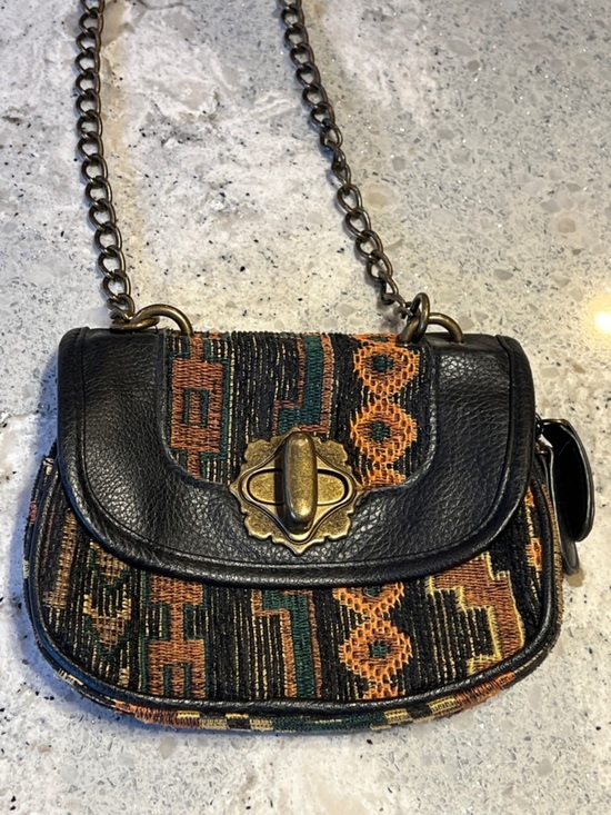 Icing Handbags - Icing Black Leather & Rust Patterned Tapestry Crossbody Chunky Brass Hardware